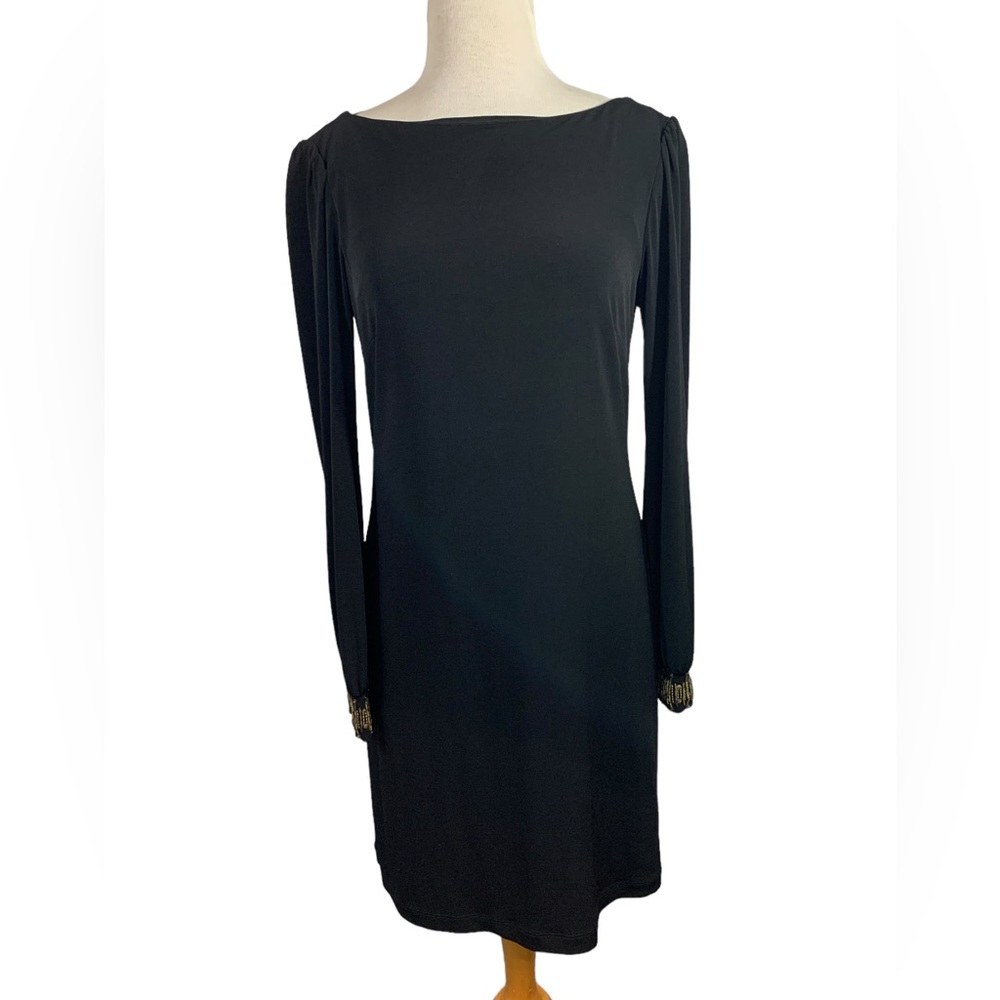 Maggy London Black Midi Dress Long Sleeve Bead Accents Polyester Lined E…